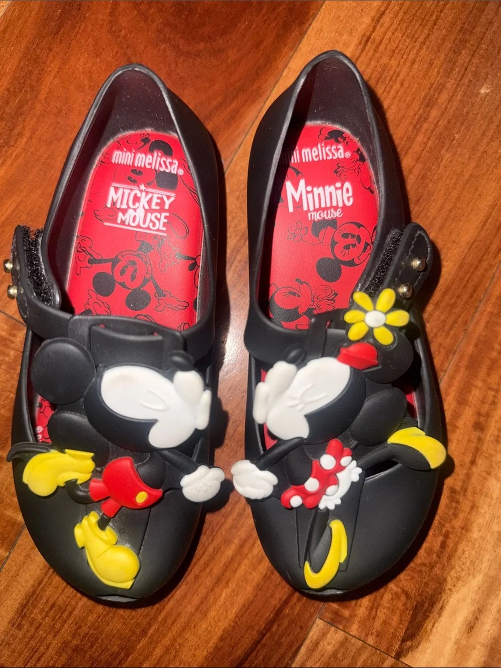 Mini Melissa Black Jelly Shoes with Red and Yellow Mickey & Minnie Appliqués
